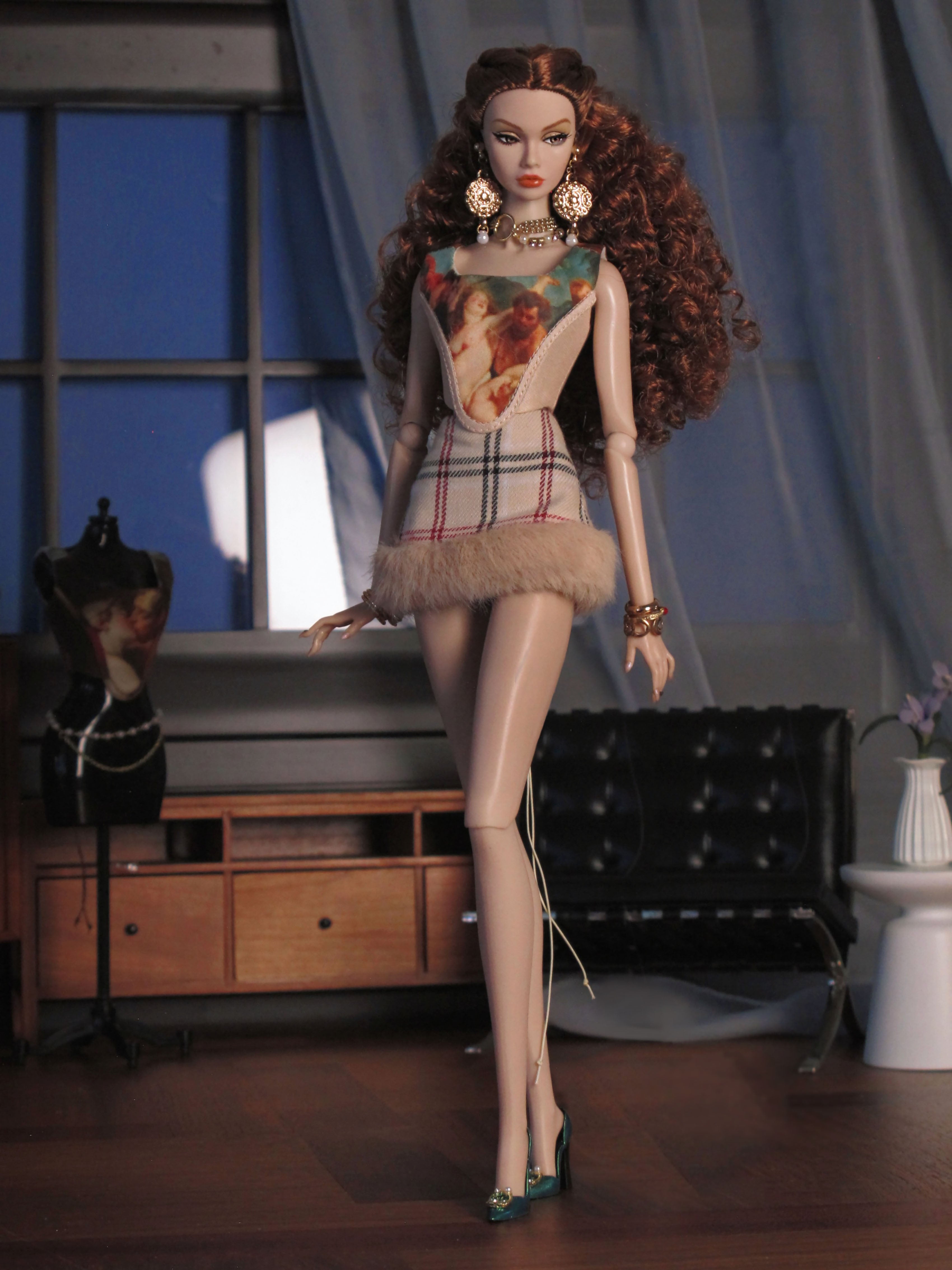 Plaid Fur Trim Mini Skirt for Fashion Royalty, Nu Face, Poppy Parker