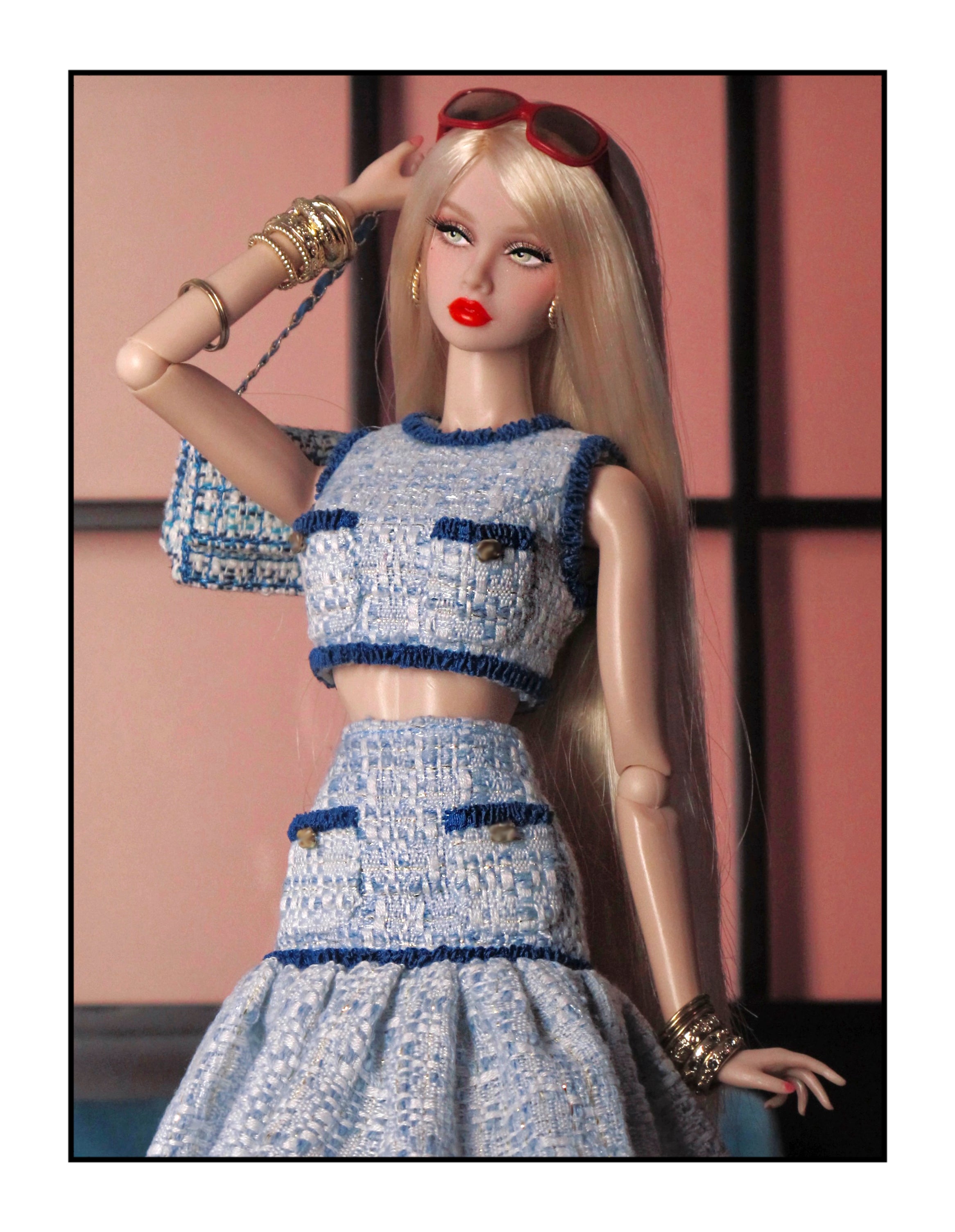 Blue Tweed Crop Top and Flared Skirt Set for Fashion Royalty, Nu Face, Poppy Parker