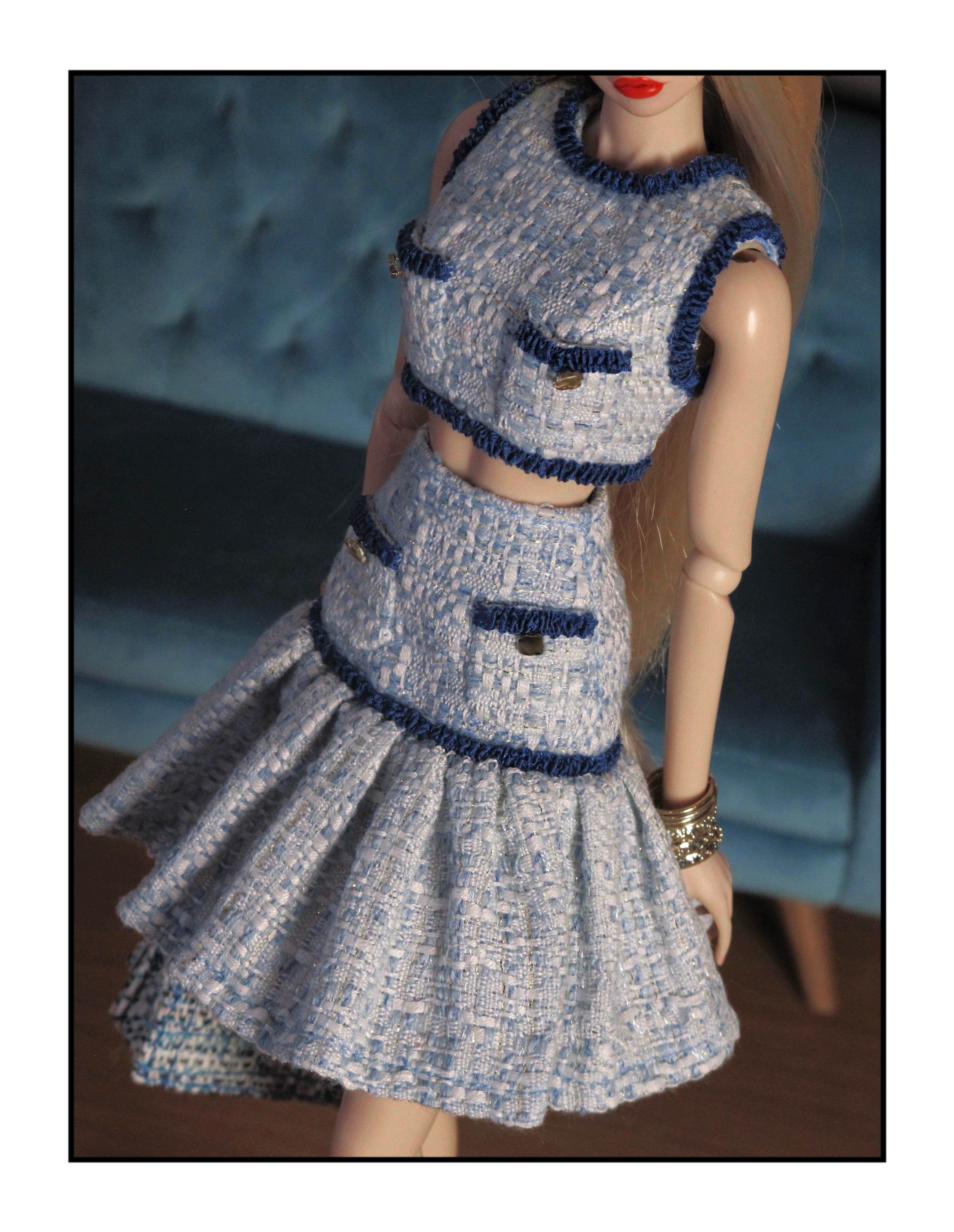 Blue Tweed Crop Top and Flared Skirt Set for Fashion Royalty, Nu Face, Poppy Parker