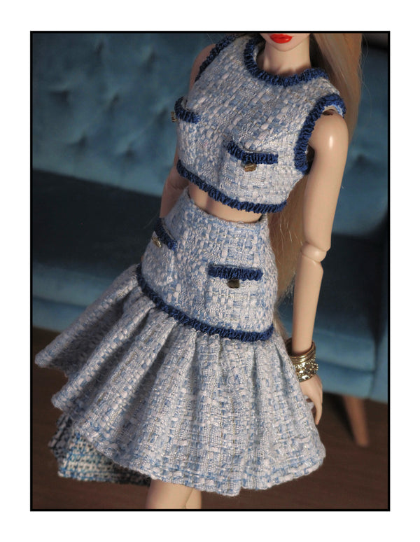 Blue Tweed Crop Top and Flared Skirt Set for Fashion Royalty, Nu Face, Poppy Parker