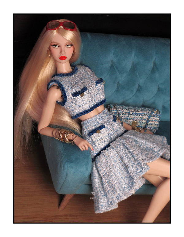 Blue Tweed Crop Top and Flared Skirt Set for Fashion Royalty, Nu Face, Poppy Parker