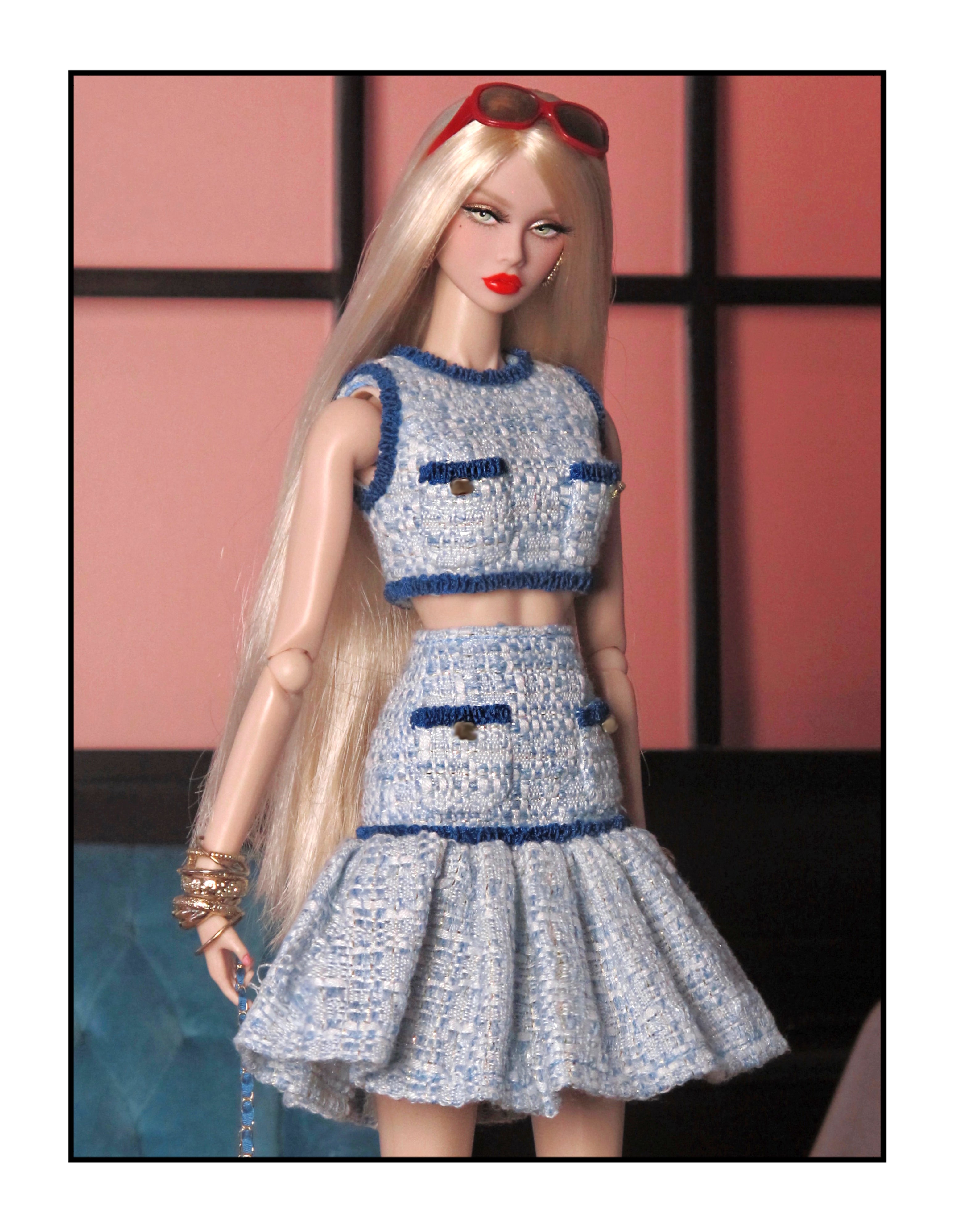 Blue Tweed Crop Top and Flared Skirt Set for Fashion Royalty, Nu Face, Poppy Parker