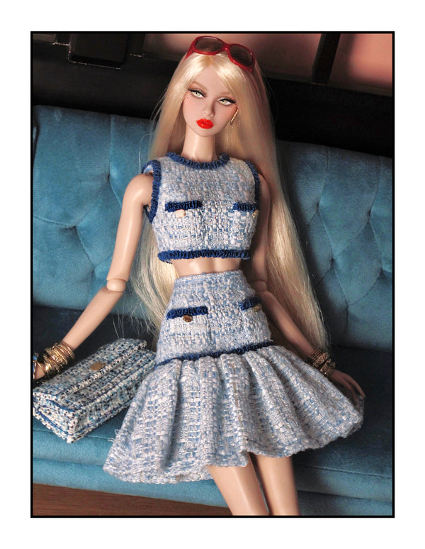 Blue Tweed Crop Top and Flared Skirt Set for Fashion Royalty, Nu Face, Poppy Parker
