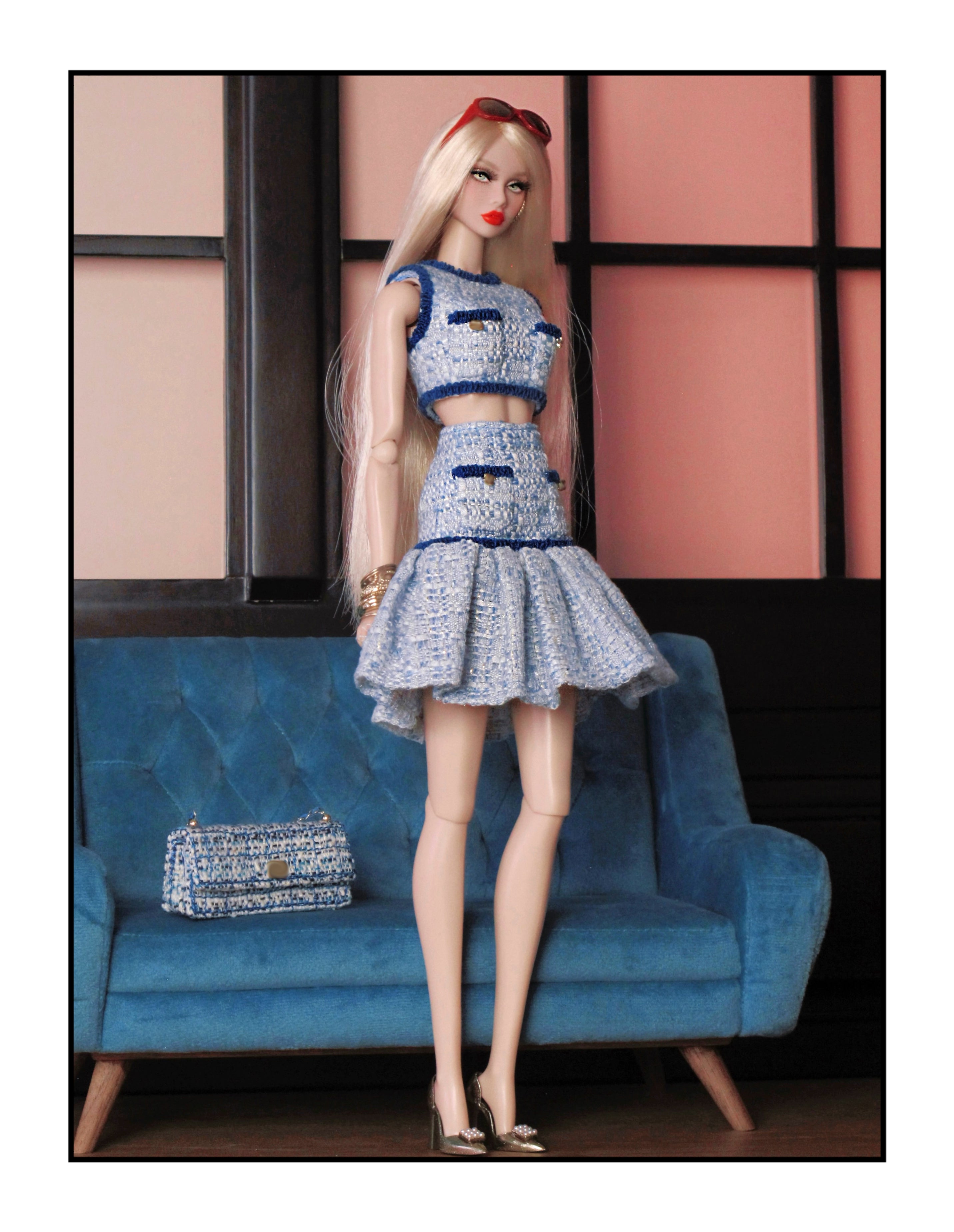 Blue Tweed Crop Top and Flared Skirt Set for Fashion Royalty, Nu Face, Poppy Parker