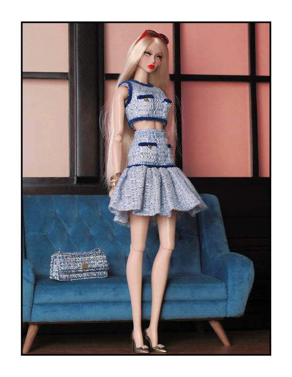 Blue Tweed Crop Top and Flared Skirt Set for Fashion Royalty, Nu Face, Poppy Parker