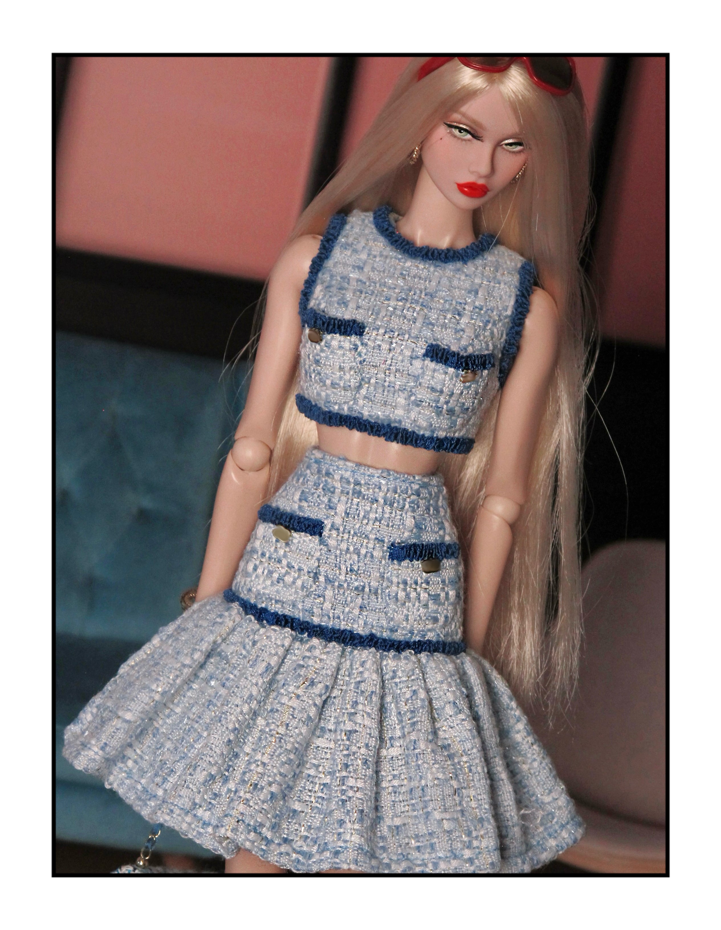 Blue Tweed Crop Top and Flared Skirt Set for Fashion Royalty, Nu Face, Poppy Parker