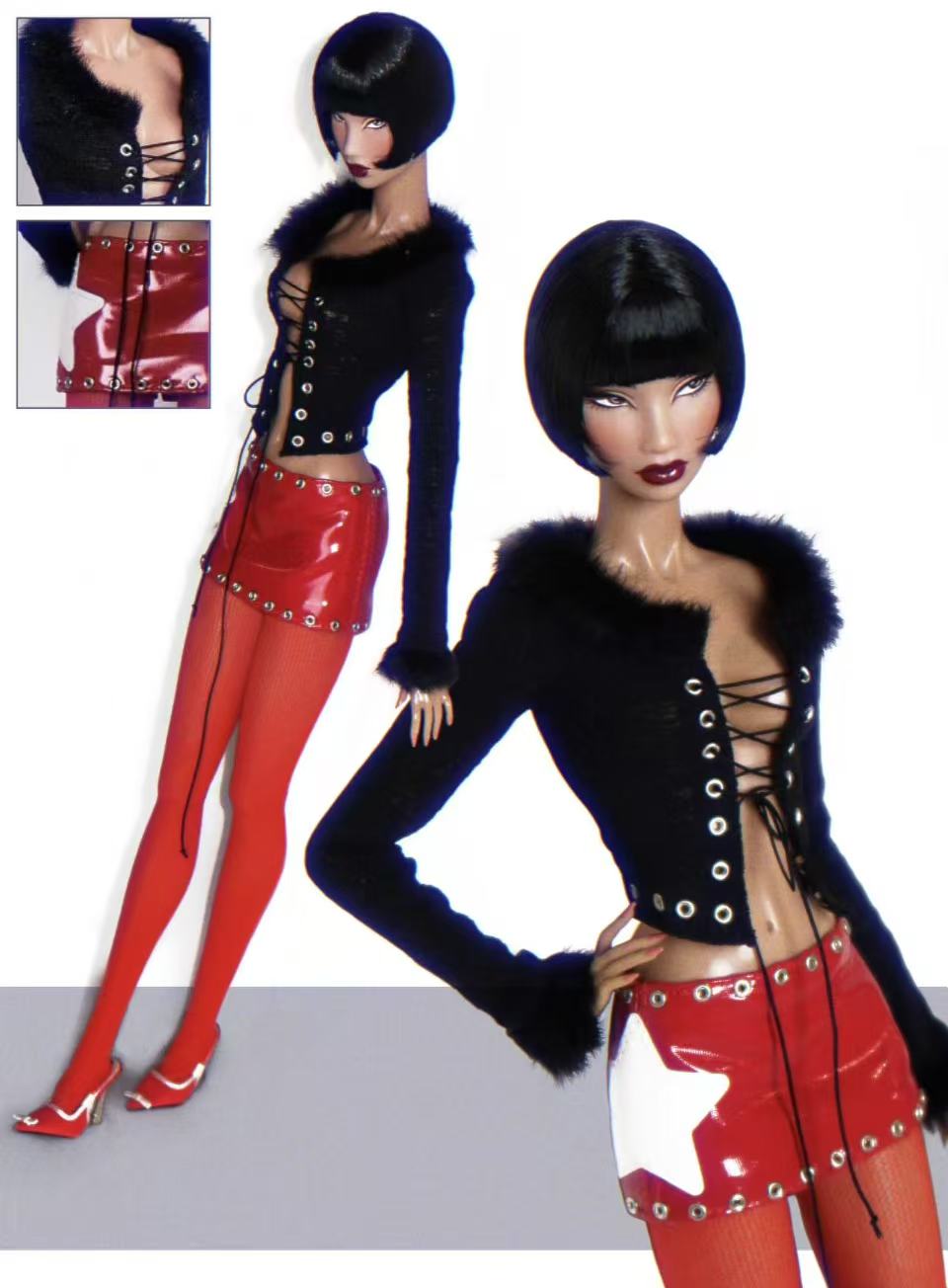 Red Patent Leather Star Detailed Mini Skirt for Fashion Royalty, Nu Face, Poppy Parker